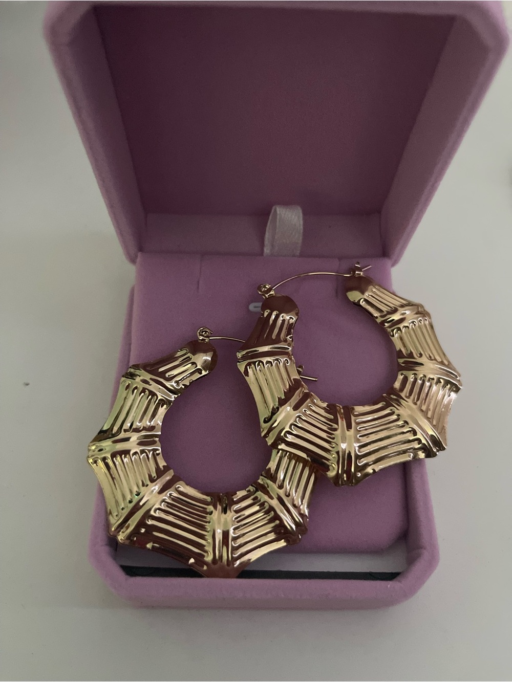 Gold Textured Bamboo Hoop Earrings - Women Jewelry